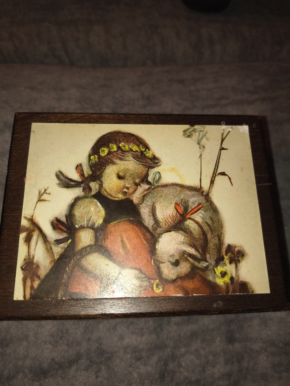 Vintage refuge Wooden Music Box with Red and Black Label